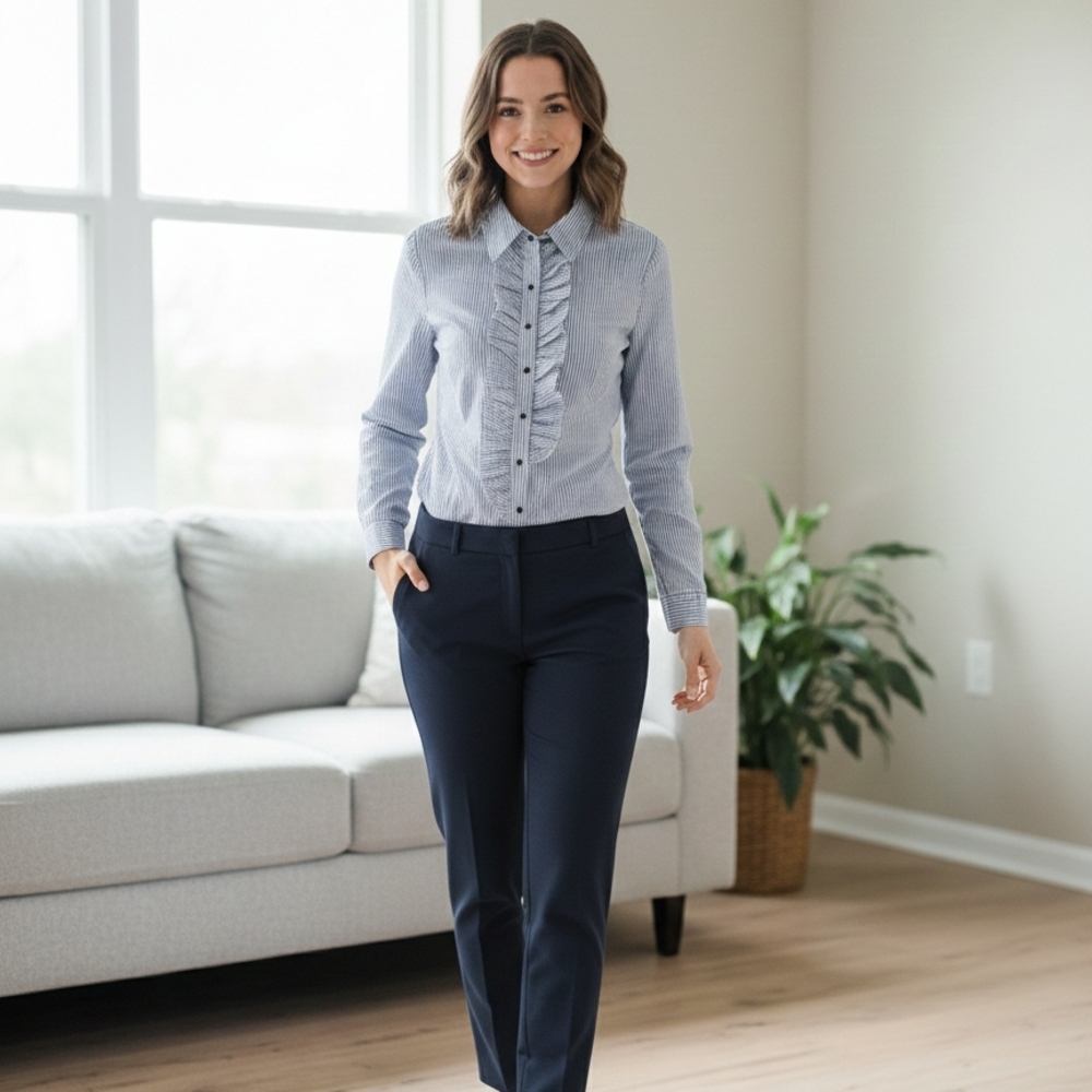 New York & Company Light Blue Pinstripe Ruffle Front Blouse